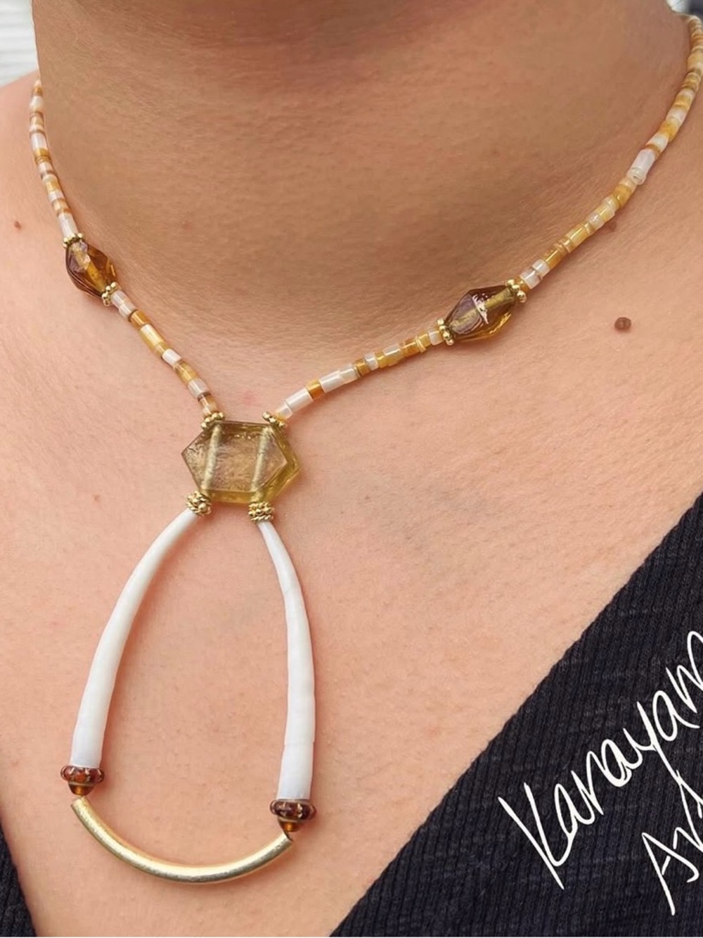Gold & White Beaded Dentalium Drop Necklace with Yellow Czech Glass